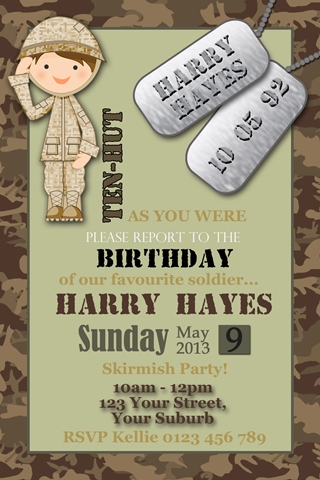 boys army green camouflage birthday party invitation