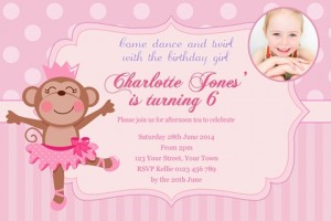 girls pink monkey ballerina birthday invitation