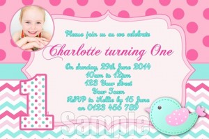 pink and aqua bird girl first birthday invitation