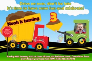 boys building and dump truck invitation