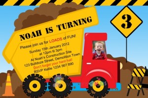boys construction building and dump truck birthday party invitation