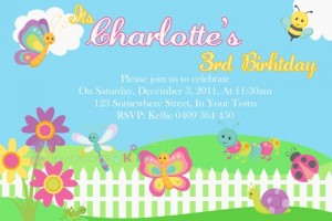 cute bugs and butterfly girls birthday invitation
