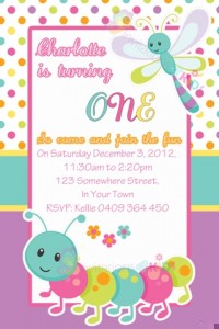cute bugs and butterfly girls birthday invitation