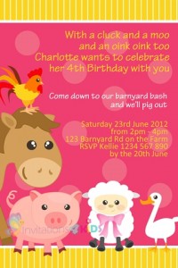 Farm Animals pink girls birthday invitation