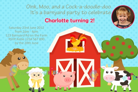 boys farmyard and farm animals birthday party invitation