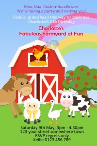 boys farmyard and farm animals and rainbow birthday party invitation