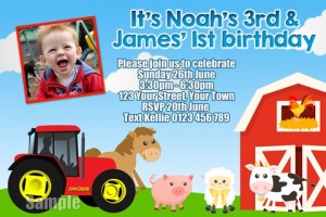 boys farmyard animals and tractor birthday party invitation
