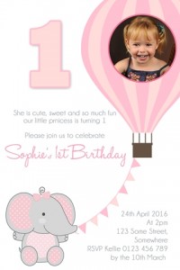 Girls 1st birthday elephant hot air balloon pink invitation