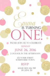 girls pastel polka dots pink and gold first birthday invitation