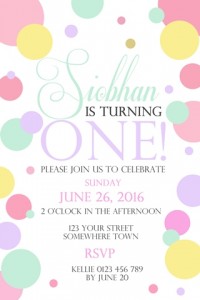 girls pastel polka dots pink green yellow first birthday invitation