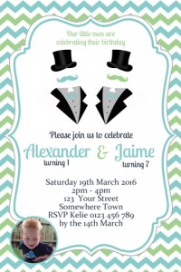 little man mustache green and blue birthday party invite