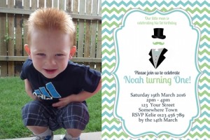 little man mustache green blue top hat birthday party invitation