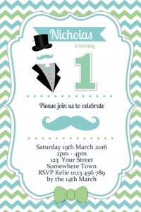 little man mustache green blue birthday party invite