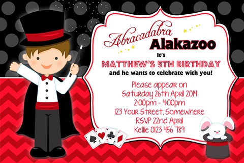 boys magic red black birthday party invitation