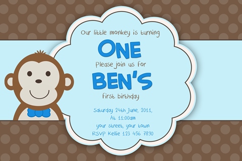 blue boys kids monkey birthday party invitation