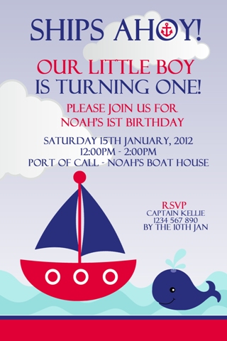 Boys red blue nautical birthday party invitation