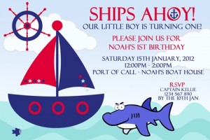 boys red blue shark nautical birthday party invite