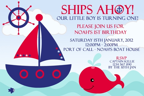 boys red blue nautical birthday party invite
