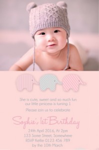 Girls first birthday invitation elephants
